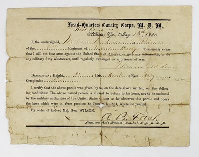 [Partially Printed Form, Completed in Manuscript, Attesting to the Loyalty of a Texas Cavalryman and Giving Him Permission to Return Home]