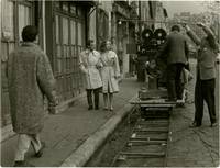 François Truffaut, Charles Aznavour, and Marie Dubois on the set of "Shoot the Piano Player" (1960)