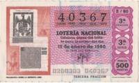 Loteria E00509: hoja nº 35. Loteria Nacional. Nº 40367, serie 3ª, fracción 3ª, precio 500 pesetas, sorteo 2/80 del 12 de Enero de 1980. Pragmatica sobre la Imprenta (1502)