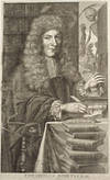 Engraved portrait of Bonet writing at his desk surrounded by books. French. 17th century. 32x18.5cm