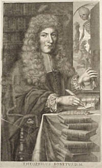 Engraved portrait of Bonet writing at his desk surrounded by books. French. 17th century. 32x18.5cm