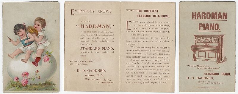 Advertisement - Victorian Trade Folder for Hardman Piano, R.D. Gardner, New York with Children Playing Instruments