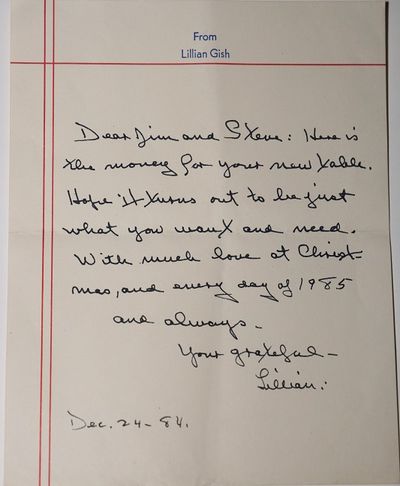 Handwritten and signed note from Lillian Gish, [together with] three photos, one of which is also inscribed and signed in ink by Gish