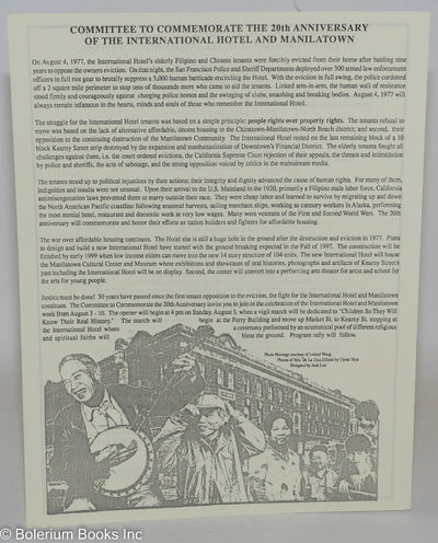 Committee to Commemorate the 20th Anniversary of the International Hotel and Manilatown [handbill]