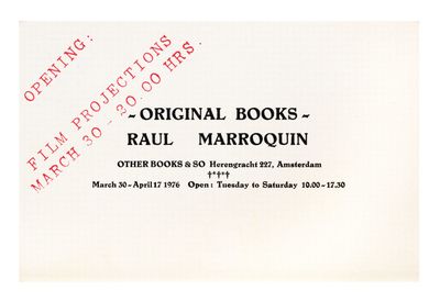Other Books and So postcard invitation for –Original Books– Raul Marroquin (30 March-17 April 1976)