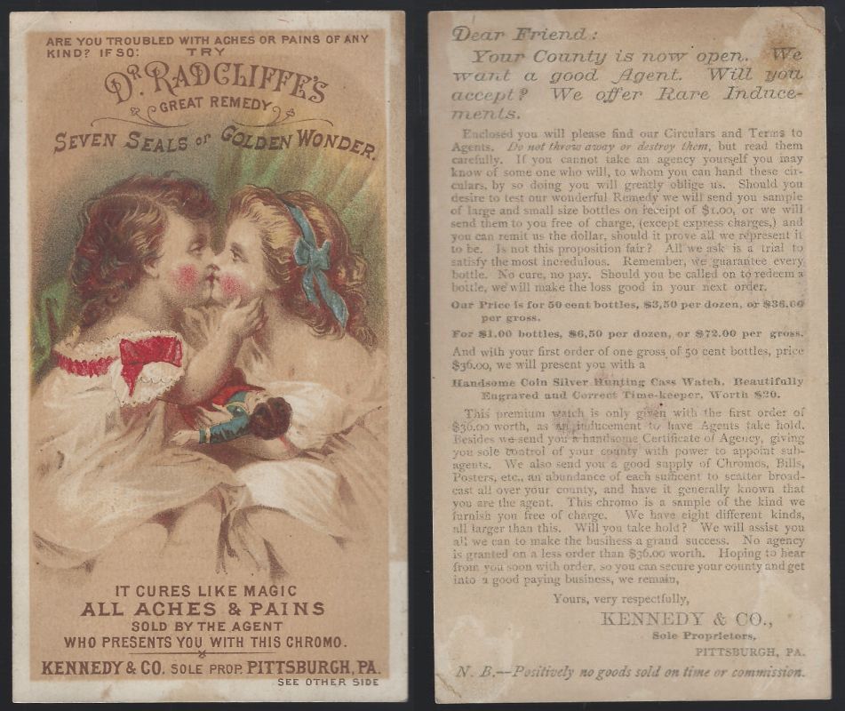 VICTORIAN TRADE CARD FOR DR. RADCLIFF'S REMEDY WITH KISSING CHILDREN