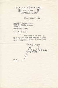 Typed Note Signed by John (1896-1978) FARRAR - Signed - from Main Street Fine Books & Manuscripts, ABAA (SKU: 43474)