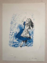 image of Alice defending her self from a pack of cards, in blue - Print (Signed)