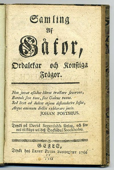 Samling af gåtor, ordalekar och konstiga frågor.