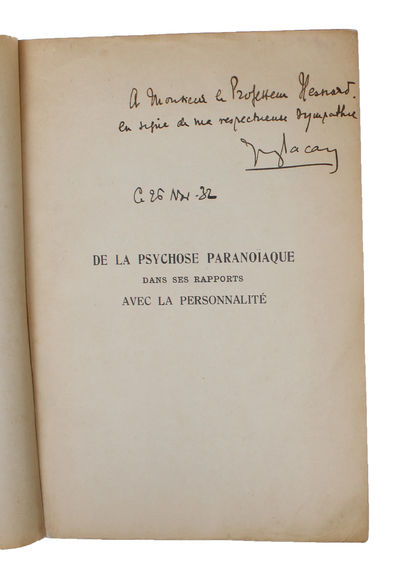 De la Psychose Paranoïaque dans les rapports avec la personnalité. - [MAGNIFICENT PRESENTATION-COPY WITH AN EXCEPTIONAL PROVENANCE] (photo 2)