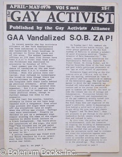 Gay Activist: vol. 5, #1, April-May 1976: GAA Vandalized & S.O.B. Zap!