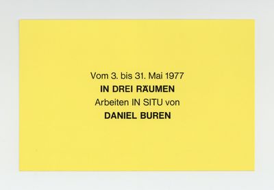 Exhibition card: In Drei Räumen, Arbeiten IN SITU von Daniel Buren (3-31 May 1977)