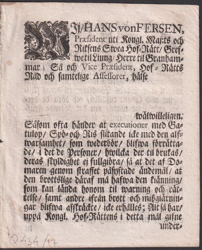 Wij, Hans von Fersen, Præsident uti Kongl. Maj:ts…