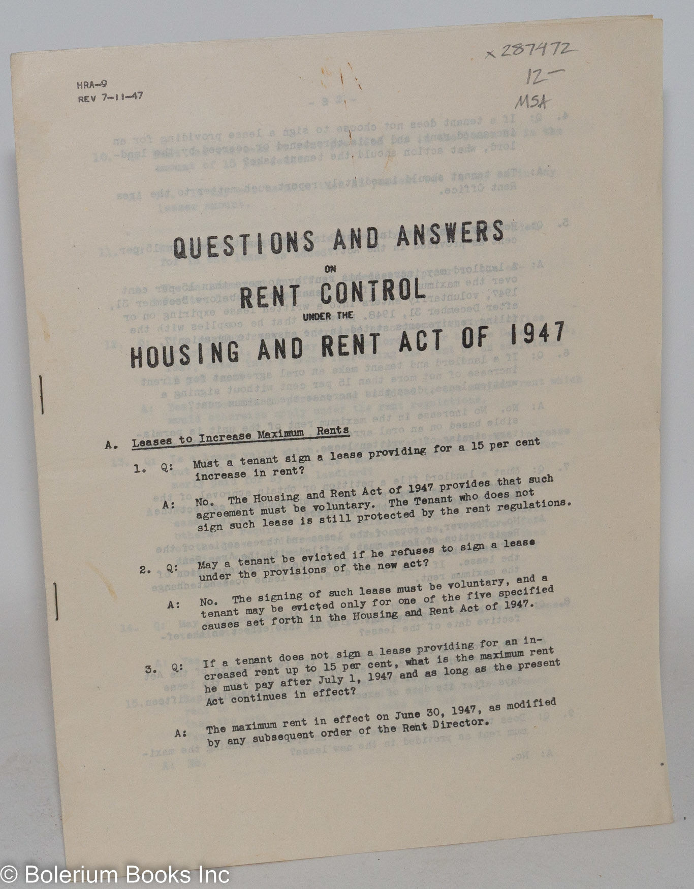 Questions and Answers on Rent Control under the Housing and Rent Act of