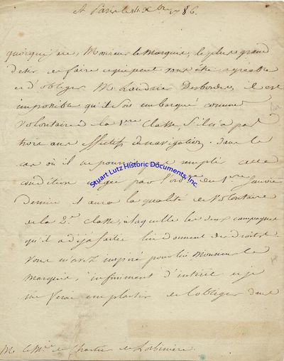 A Letter By French Admiral De La Touche, Dated Between American And French Revolutions