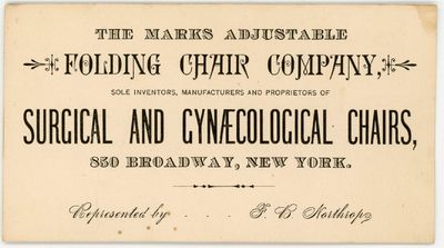 Advertising Trade Card or Business Card for The Marks Adjustable Folding Chair Company - Surgical and Gynecological Chairs c1890s