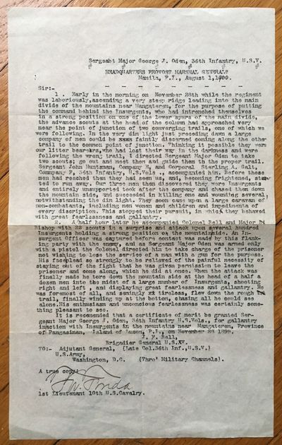 [Typed Letter of Commendation for Sergeant Major George J. Oden of the 36th Infantry]