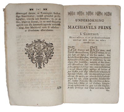 Machiavels Prins, med Undersökningen deraf. Öfversatt ifrån Hufvudspråken. - [THE FIRST SCANDINAVIAN EDITION OF "THE PRINCE" - POSSIBLY THE RAREST MACHIAVELLI-TRANSLATION] (photo 2)
