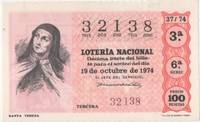 cover of Loteria E00251: hoja nº 19. Loteria Nacional. Nº 32138,serie 6ª, fracción 3ª, precio 100 pesetas, sorteo 37/74 del 19 de octubre de 1974. Santa Teresa
