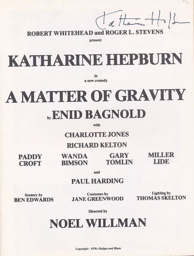 Presentation program for "A Matter of Gravity" by Enid Bagnold, NY, 1976