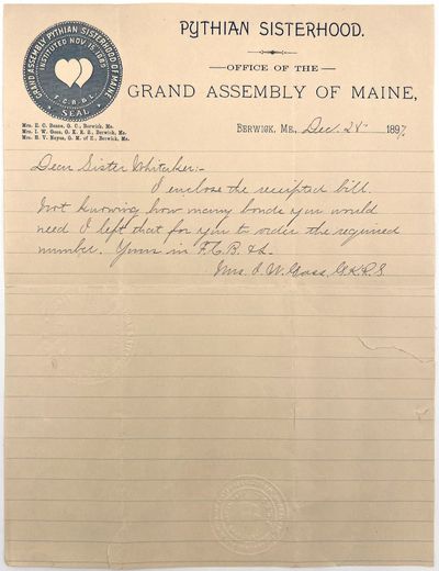 Letter on Illustrated Letterhead of Pythian Sisterhood
