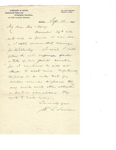 William Lloyd Garrison, Jr. Writes about Combatting Anti-Suffrage Arguments in his Speech at Wellesley, 1897 1897