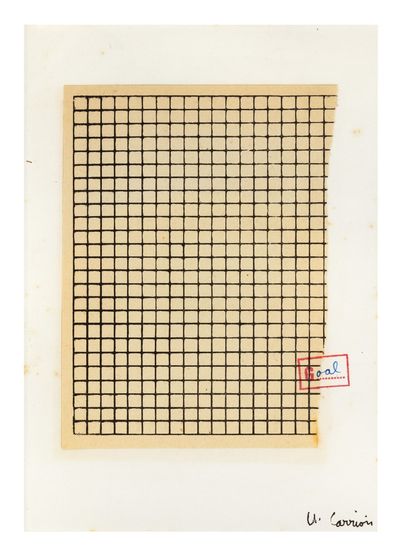 A signed & stamped collage, torn sheet of graph paper (150 x ca. 110 mm.) pasted to a blank sheet (210 x 148 mm.), both rubber-stamped with the same impression “G……” & “oal” written with blue ink, Carrión’s signature in lower right corner of blank sheet