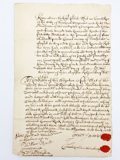 A Bond of Performance between Garrett Poor (a carpenter) and Luke von Thinehoon (a "cuirurgoon" [sic]) and Lawrence Read (a merchant) to whom they agree to pay two hundred pounds. [New York], 22 May 1691