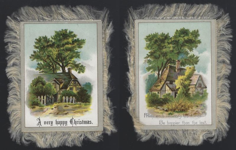 VICTORIAN DOUBLE SIDED CHRISTMAS CARD WITH HOUSES AND FRINGE