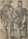 Fine small engraving of two elegantly-dressed Renaissance musicians playing flute and large side drum