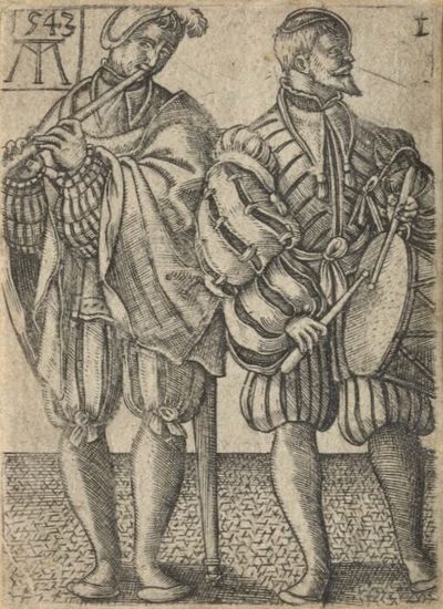 Fine small engraving of two elegantly-dressed Renaissance musicians playing flute and large side drum