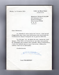 Jean Alfred Fraissinet  / World War I French Fighter Ace, 8 Victories in SPAD / Escadrille N57 / Autograph Letter Signed (ALS), 1973