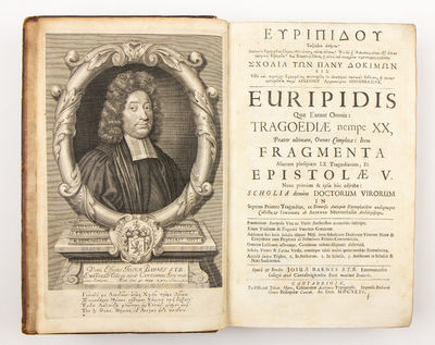 Works, in Greek. Euripidis quæ Extant Omnia: Tragoediæ nempe XX, præter ultimam, omnes completæ: item fragmenta aliarum plusquam LX tragœdiarum; et epistolæ V. Nunc primùm & ipsæ hùc adjectæ: scholia demùm doctorum virorum in septem priores tragœdias, ex diversis antiquis exemplaribus undiquaque collecta & concinnata ab Arsenio Monembasiæ Archiepiscopo. ... Operâ & studio Josuæ Barnes S.T.B. Emmanuelis Collegii apud Cantabrigienses Socii maximè senioris