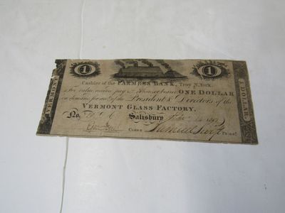 One-dollar Bank Note issued by the Vermont Glass Factory Salisbury VT