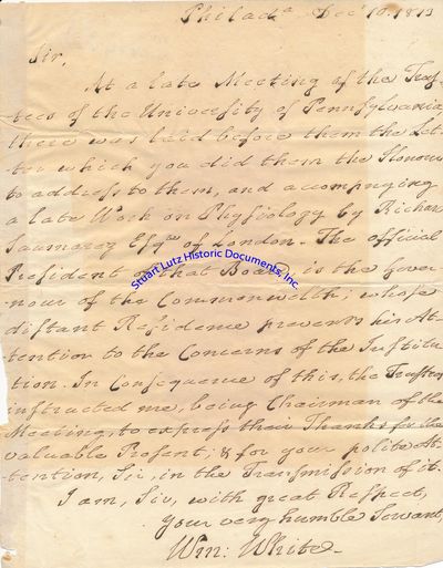 Pennsylvania Clergyman William White Thanks Elbridge Gerry On Behalf Of The University Of Pennsylvania; Gerry Dockets It On The Verso