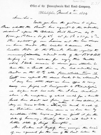 Autograph Letter Signed, Philadelphia, Office of the Pennsylvania Rail Road Company, March 4th, 1854, to Seth Clover, President Board of Canal Commissioners