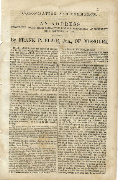 COLONIZATION AND COMMERCE. AN ADDRESS BEFORE THE YOUNG MEN'S MERCANTILE LIBRARY ASSOCIATION OF CINCINNATI, OHIO, NOVEMBER 29, 1859. BY... OF MISSOURI