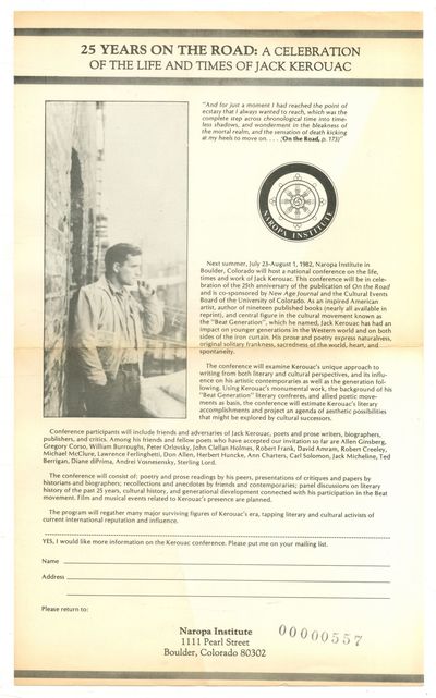 Boulder: Naropa Institute, 1981. Unbound. Very Good. Pictorial broadside. Approximately 8.5