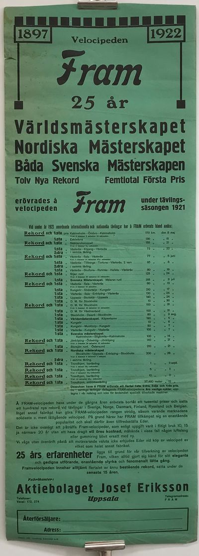 Velocipeden Fram 25 år. 1897-1922. ...…