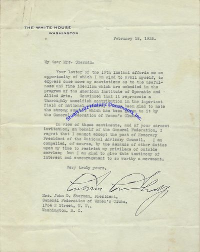 President Coolidge Turns Down An Honorary Position On A Charity Council, The American Institute Of Operatic And Allied Arts