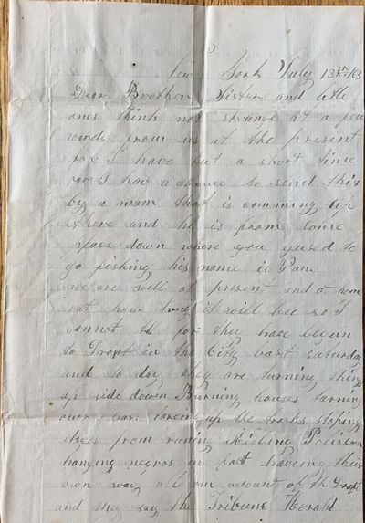 Autograph Letter from an unidentified sender, New York, July 13, 1863 to his brother and sister