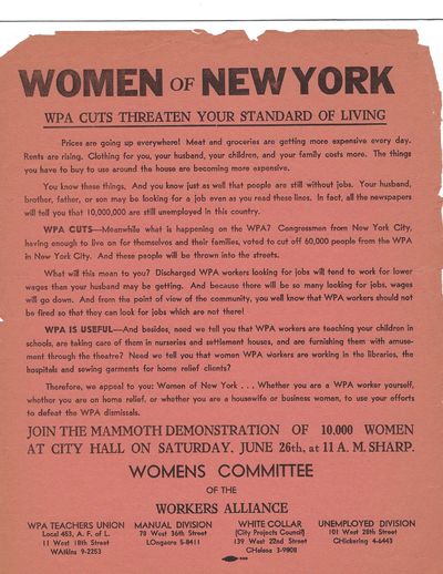 Broadside that calls for women’s participation in a mass demonstration to protest cuts to the WPA ...