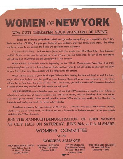 Broadside that calls for women's participation in a mass demonstration to protest cuts to the WPA (W...