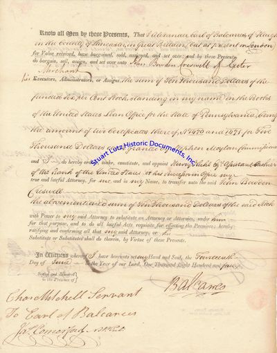 British General Alexander Lindsay, Earl Of Balcarres, Sells Pennsylvania Bonds