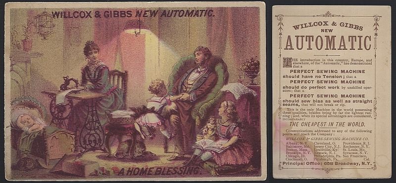 VICTORIAN TRADE CARD FOR R. WILCOX AND GIBBS SEWING MACHINE WITH FAMILY PLAYING