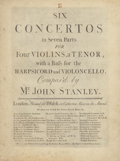 Six Concertos in Seven Parts for Four Violins, a Tenor Violin, a Violoncello, with a Thorough Bass for the Harpsichord. [Op. 2]. [Set of parts]
