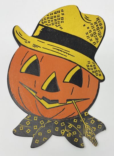 Jack-O-Lantern Pumpkin Head with Straw Hat--Halloween Decoration