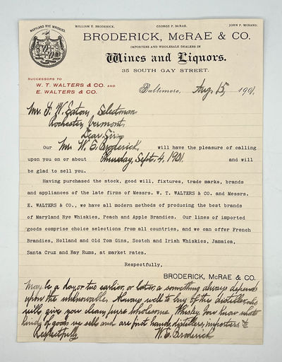 [BALTIMORE] [LIQUOR] [EPHEMERA] Wines and Liquors Correspondence
