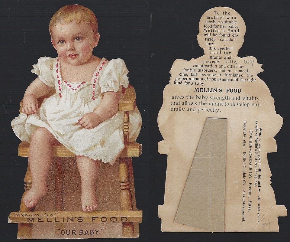 VICTORIAN DIE CUT EASEL TRADE CARD FOR MELLIN'S FOOD WITH BABY IN HIGH CHAIR
