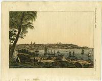 image of Ansicht der Stadt Sidney, von der Sudseite und der Mundung des Paramatta Flusses. German hand colored engraving of Sydney after the Peron view